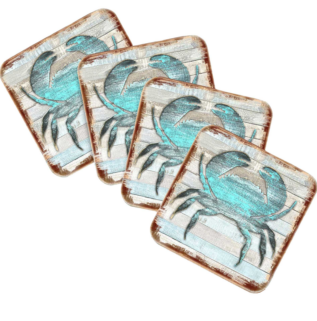 Crab Coastal Wooden Cork Coasters Gift Set of 4 by Nature Wonders - Coastal Sea-Life Decor - 8198511-9C-S4