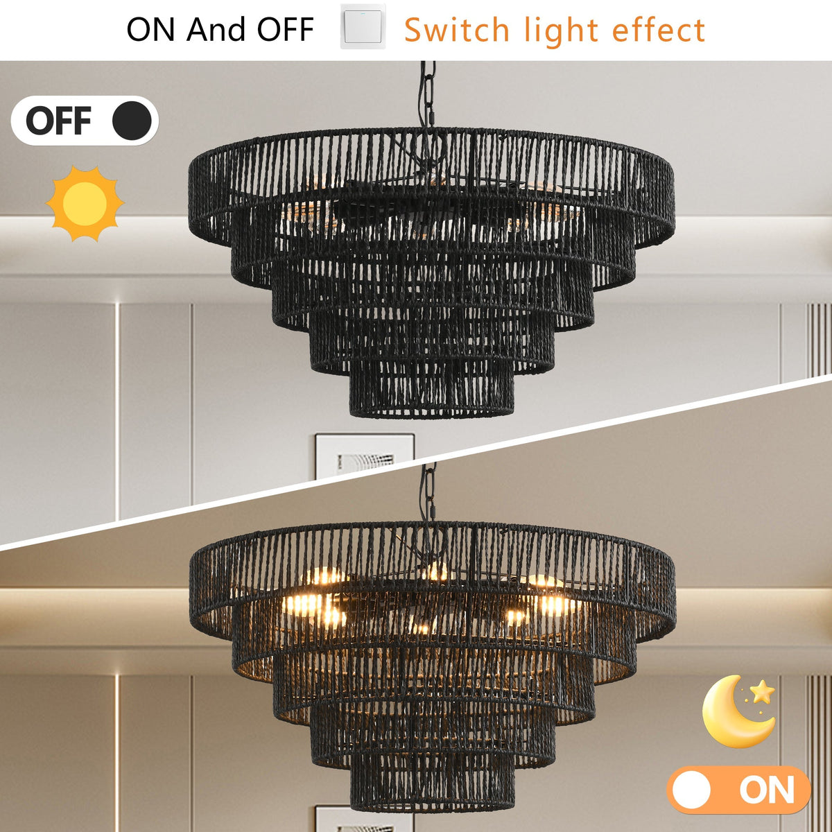 24' Rustic 5-Tier Black Hemp Rope Pendant Light Chandelier