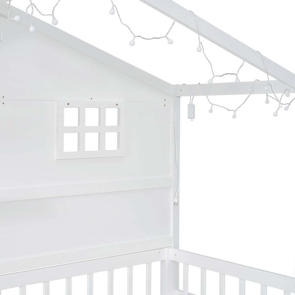 House Bed With Shelves, Window And Sparkling Light Strip On The Roof