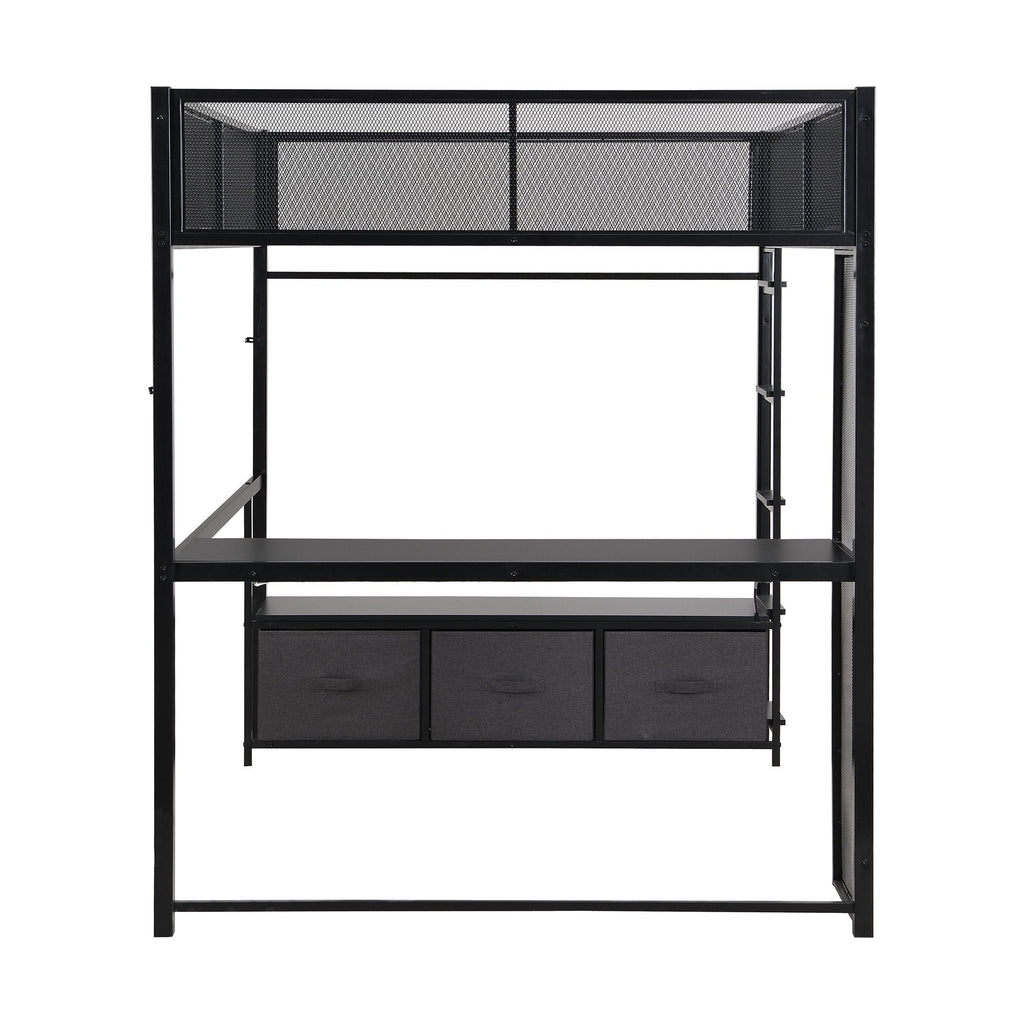 Full Size Gaming Loft Bed With LED Desk, Open Wardrobe, 3 Linen Storage Drawers - Black
