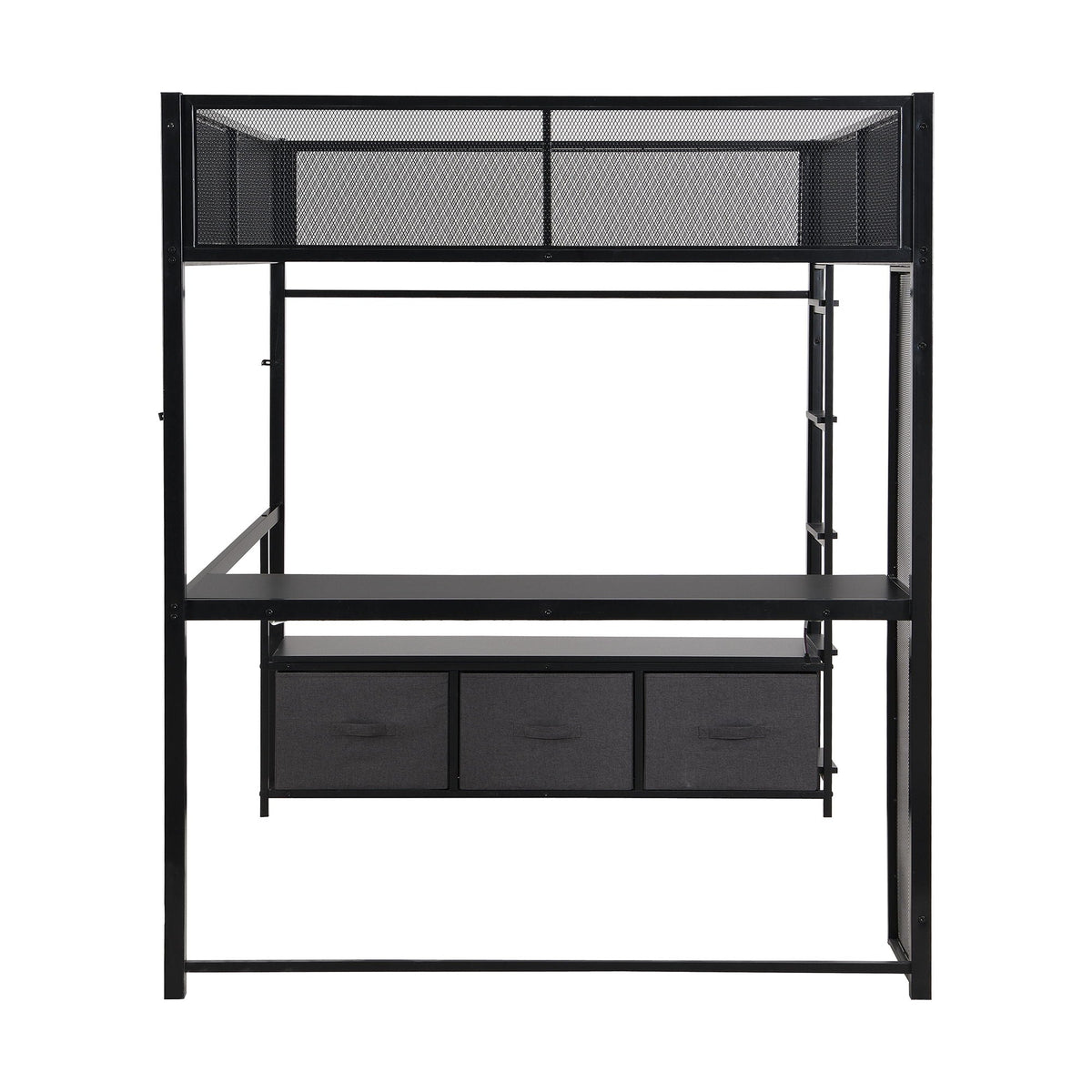 Full Size Gaming Loft Bed With LED Desk, Open Wardrobe, 3 Linen Storage Drawers - Black