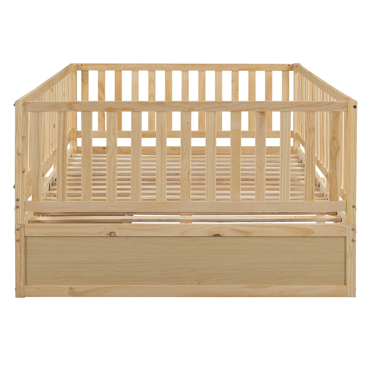 Daybed With Fence Guardrails And 2 Drawers, Split Into Independent Floor Bed & Daybed