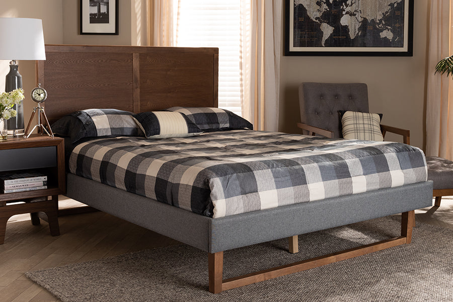 Baxton Studio Allegra Mid-Century Modern Dark Grey Fabric Upholstered and Ash Walnut Brown Finished Wood King Size Platform Bed