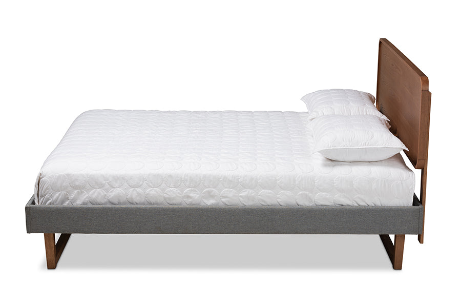 Baxton Studio Ayla Mid-Century Modern Dark Grey Fabric Upholstered Walnut Brown Finished Wood King Size Platform Bed