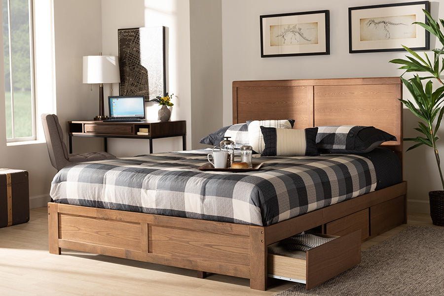 Baxton Studio Aras Modern and Contemporary Transitional Ash Walnut Brown Finished Wood Queen Size 3-Drawer Platform Storage Bed
