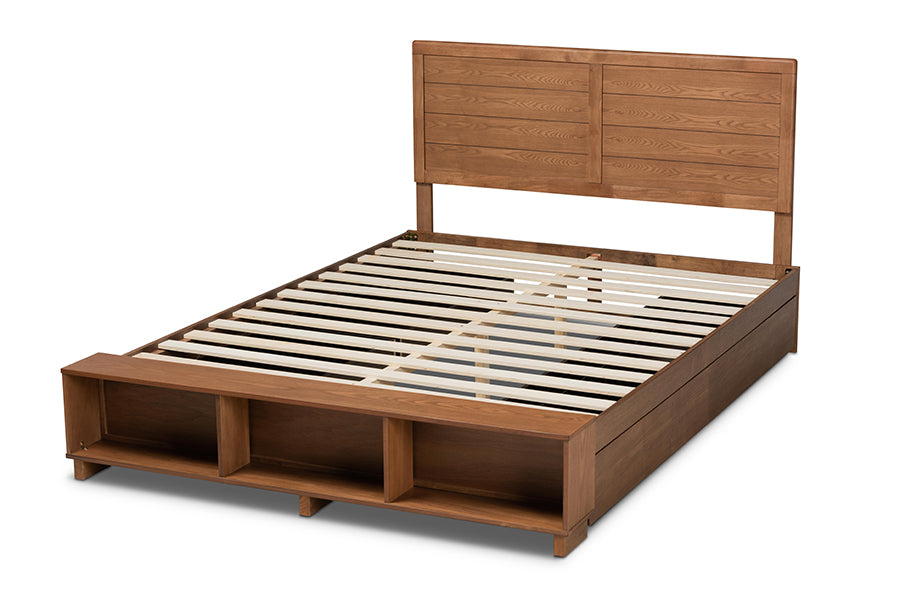 Baxton Studio Alba Modern Transitional Ash Walnut Brown Finished Wood Full Size 4-Drawer Platform Storage Bed with Built-In Shelves