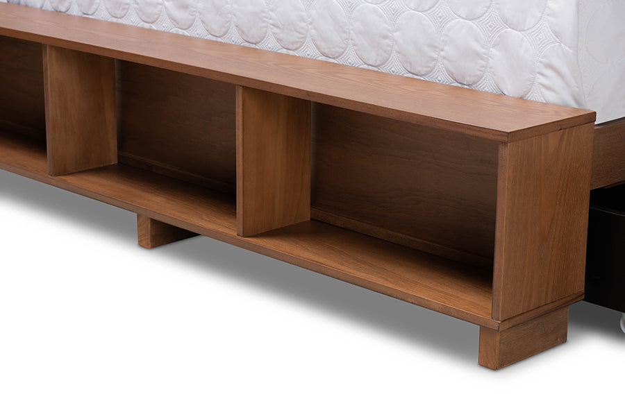 Baxton Studio Alba Modern Transitional Ash Walnut Brown Finished Wood Full Size 4-Drawer Platform Storage Bed with Built-In Shelves