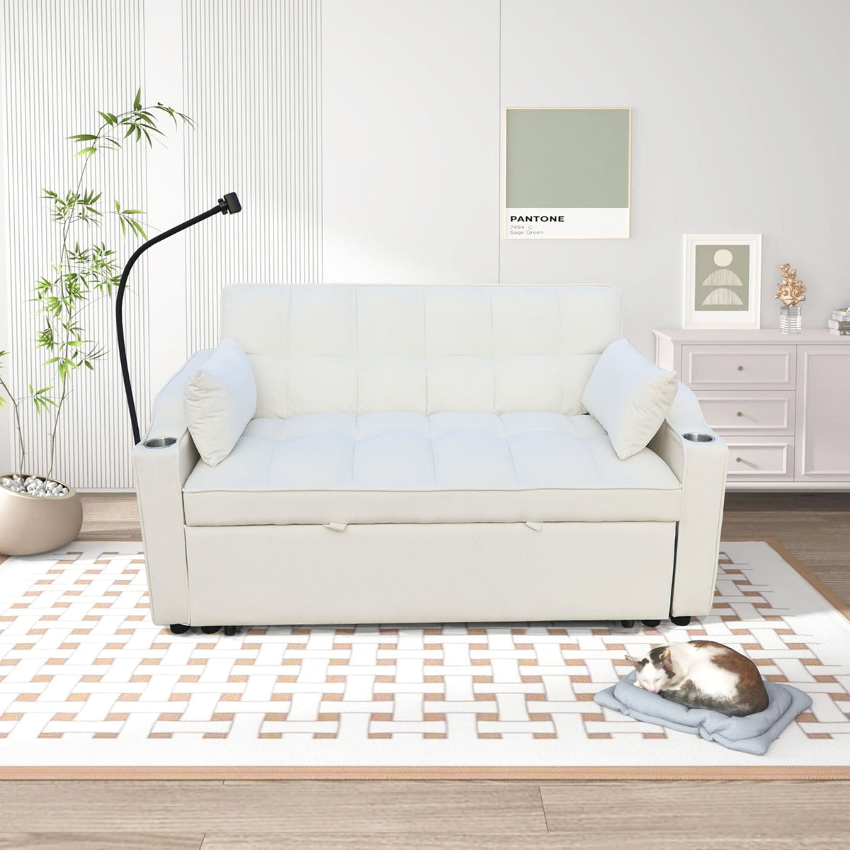 Modern Loveseat Futon Sofa With Pullout Bed, Adjustable Reclining Backrest, Toss Pillows