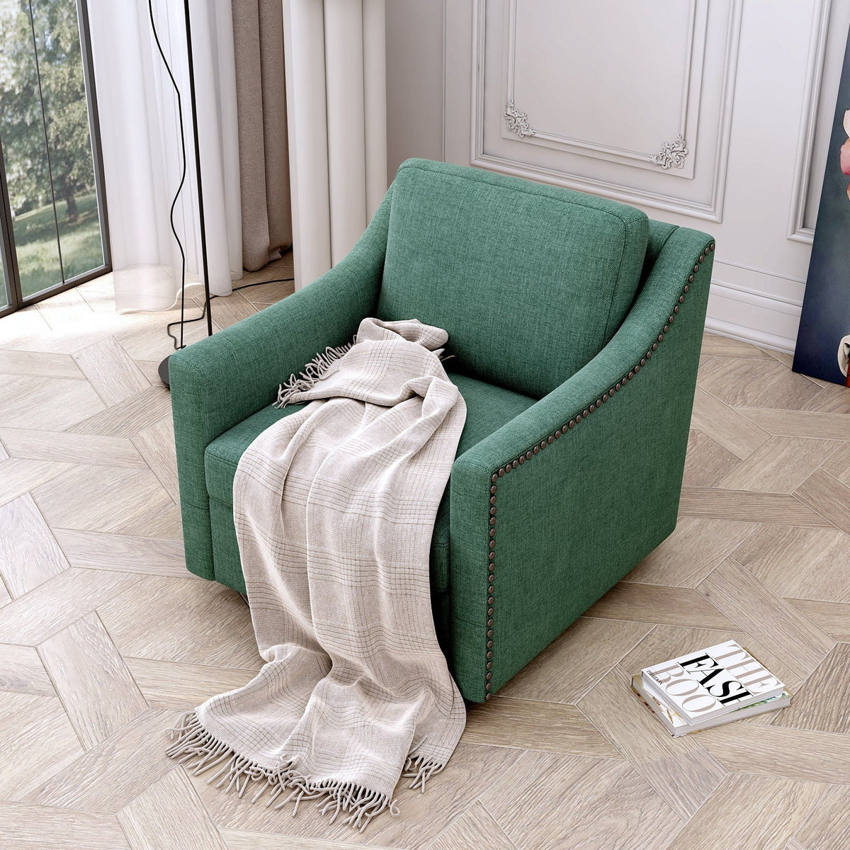 360 Degree Swivel Armchair Cotton Linen Fabric with Brass Nail Detailing
