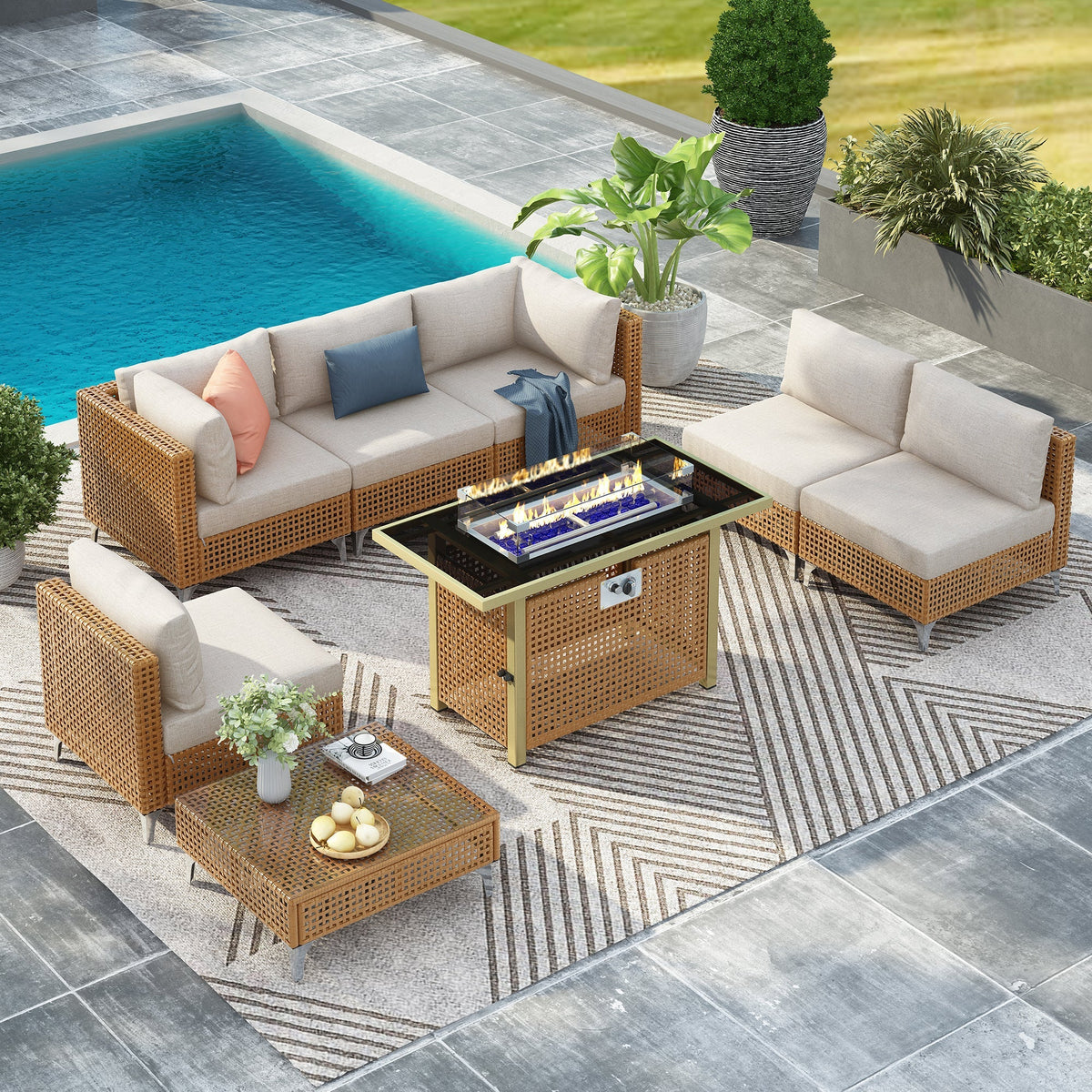 K&K 8-Piece Patio Furniture Set with Fire Pit Table