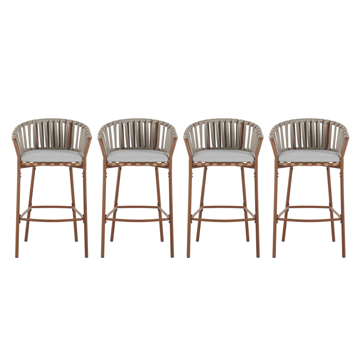 Lodi Outdoor Metal Rope Barstool, Teak Finished Frame and Beige Cushion, Set of 4