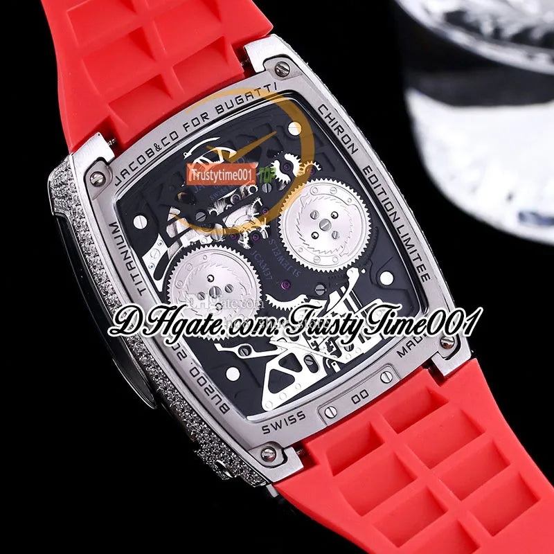 Bugatti Chiron Tourbillon Autoamtic Mens Watch 16 Cylinder Engine Skeleton Dial Iced Out Diamonds Inlay Case Blue Rubber Strap Trustytime001Watches BU200.30