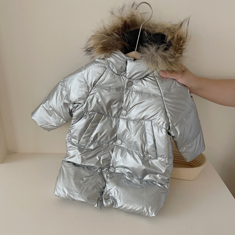 Autumn And Winter Children's Down Jacket Mid-length Big Fur Collar Thick Down Coat Glossy Winter Children's Clothing Wholesale