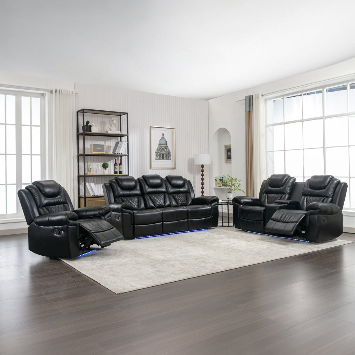 3 Pieces Recliner Sofa Sets Home Theater Seating Manual Recliner Chair With Center Console And LED Light Strip For Living Room