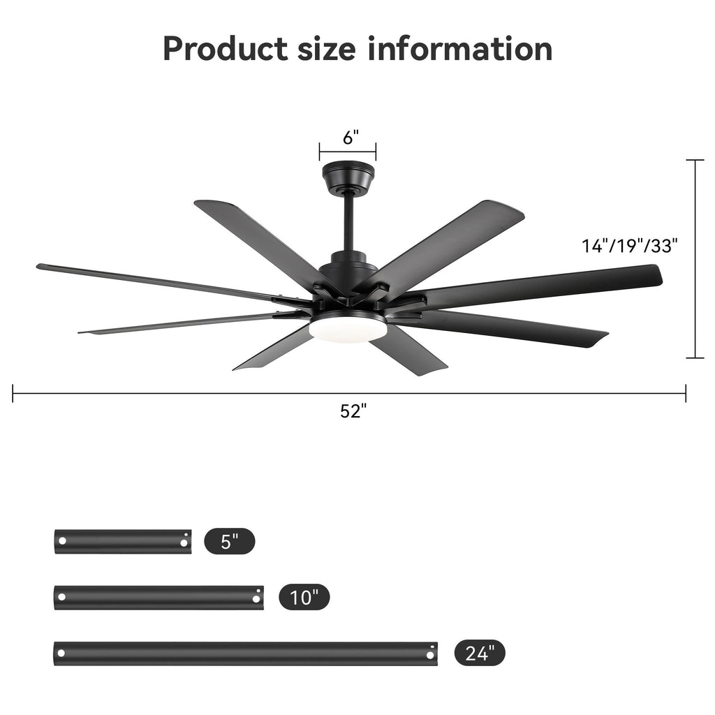 Ceiling Fan With Light 8 Blades, 18W LED 3 Color Dimmable Light - Matte Black