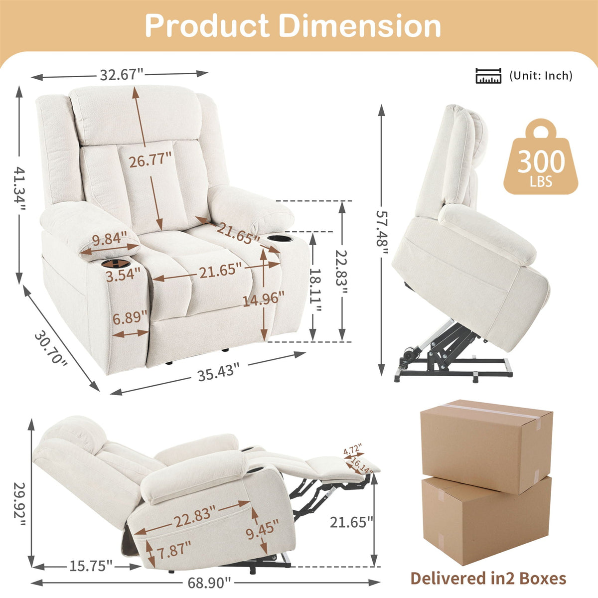 Power Lift Recliner Chair With Extended Footrest, Remote Control, Cup Holders, And Side Pockets