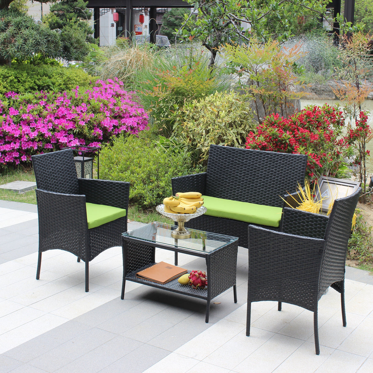 4 PC Rattan Patio Furniture Set Outdoor Cushioned Wicker Sofa Green Cushion