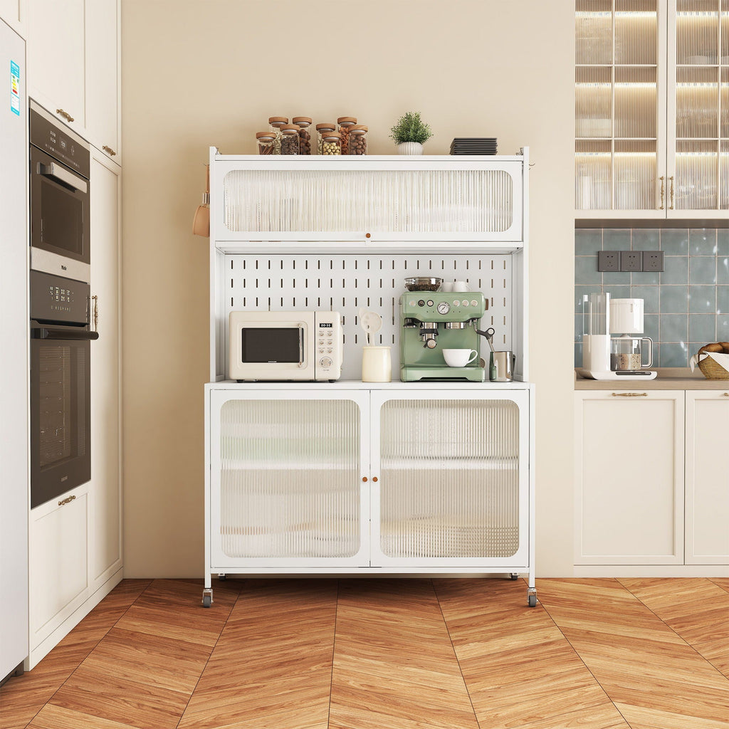 Contemporary Kitchen Pantry Cabinet With Glass Doors, Adjustable Shelves, Steel - Brushed Nickel