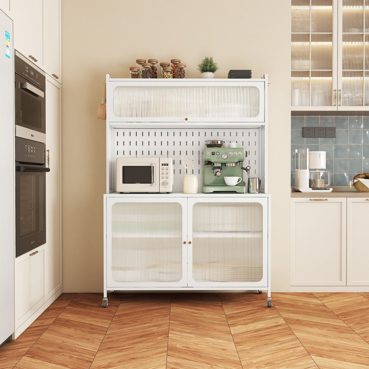 Contemporary Kitchen Pantry Cabinet With Glass Doors, Adjustable Shelves, Steel - Brushed Nickel