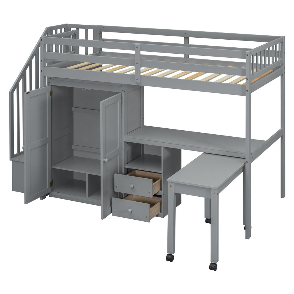 Loft Bed With Stairs, Bookshelf, Drawers, Desk & Wardrobe, Space Saving Multifunctional Furniture