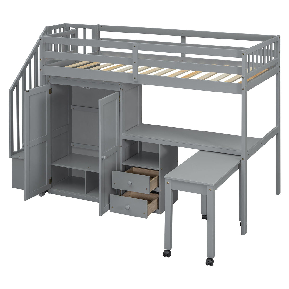 Loft Bed With Stairs, Bookshelf, Drawers, Desk & Wardrobe, Space Saving Multifunctional Furniture