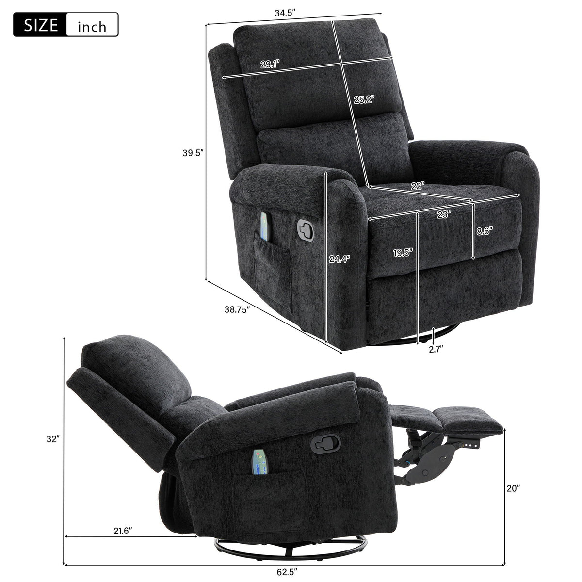 Manual Recliner Massage Chair With Swivel Rocker, 8 Massage Modes, Side Storage Pocket