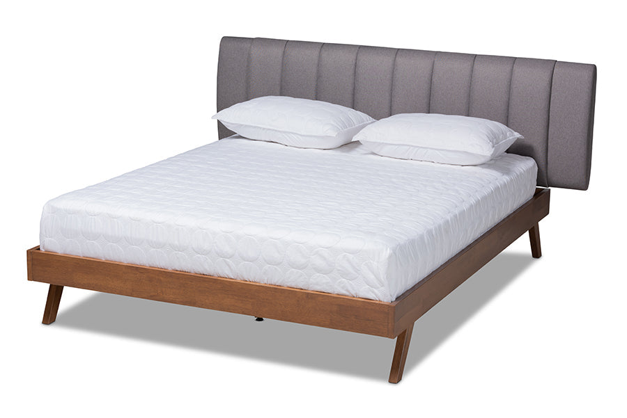 Baxton Studio Brita Mid-Century Modern Grey Fabric Upholstered Walnut Finished Wood Queen Size Bed