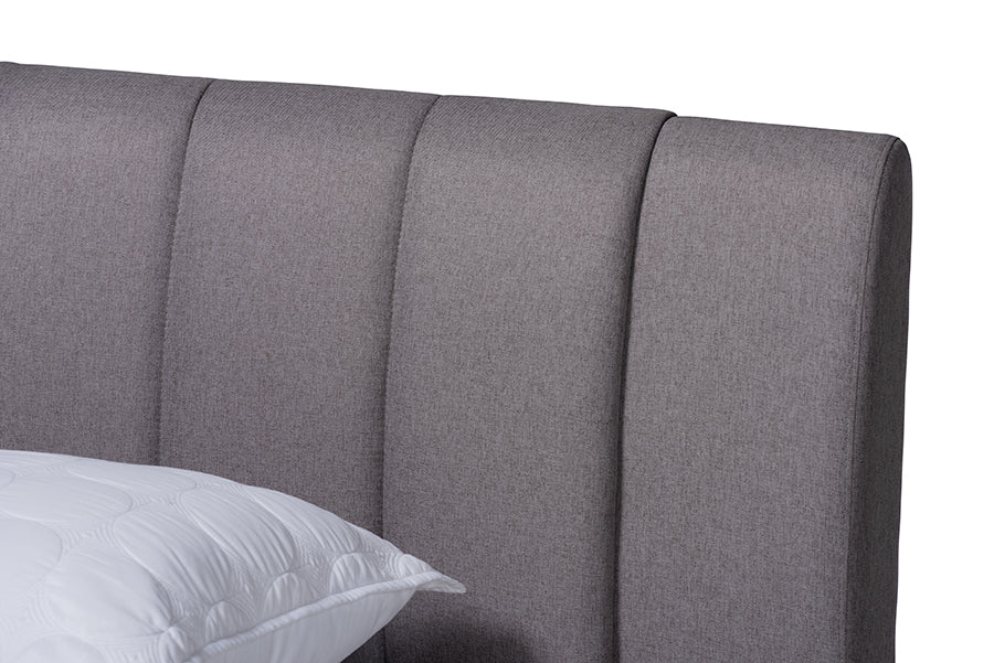 Baxton Studio Brita Mid-Century Modern Grey Fabric Upholstered Walnut Finished Wood Queen Size Bed