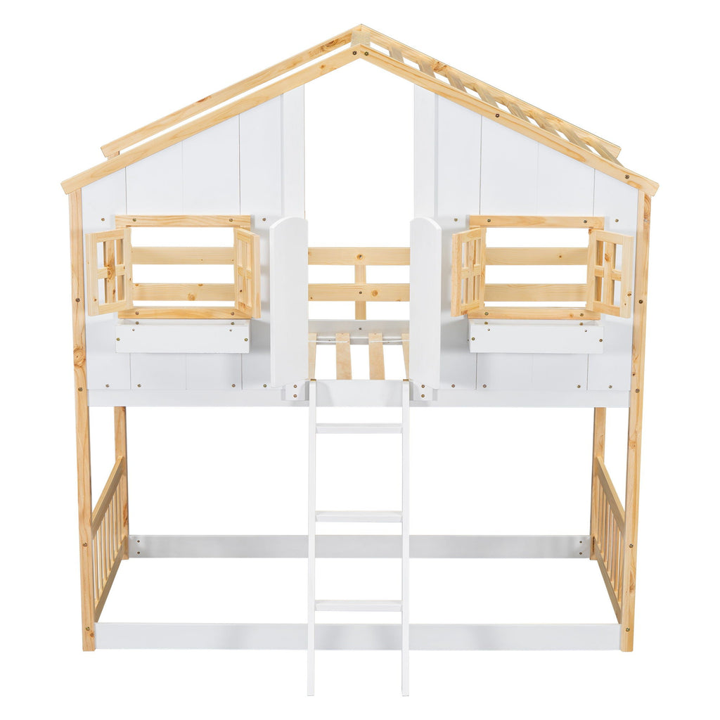 House Bunk Bed With Roof, Window, Window Box, Door, With Safety Guardrails And Ladder