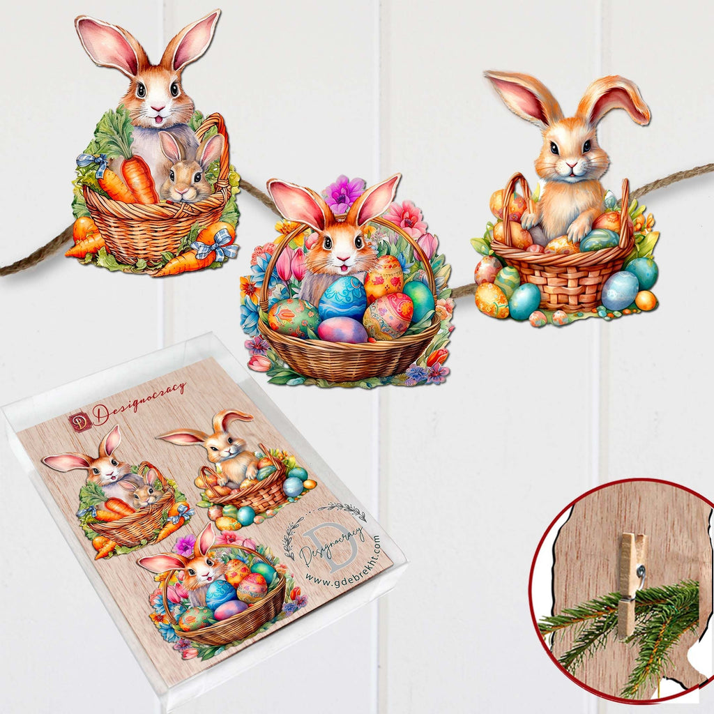 Eggs and Bunnies Clip-On Eco Wood Decorative Ornaments Set of 3 by G. Debrekht - Easter Decor - 8091057C-S3
