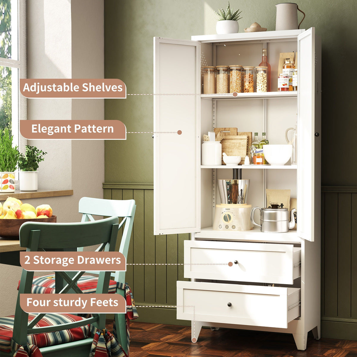 Pantry Cabinet With 2 Drawers, Freestanding Kitchen Storage Cabinet With Adjustable Shelves, Heavy-Duty Organizer For Spices, Dishware, Small Appliances - White