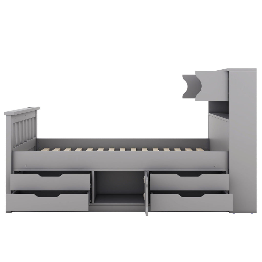 Captain Platform Bed Frame With Storage Bookcases, Shelves, And 4 Drawers