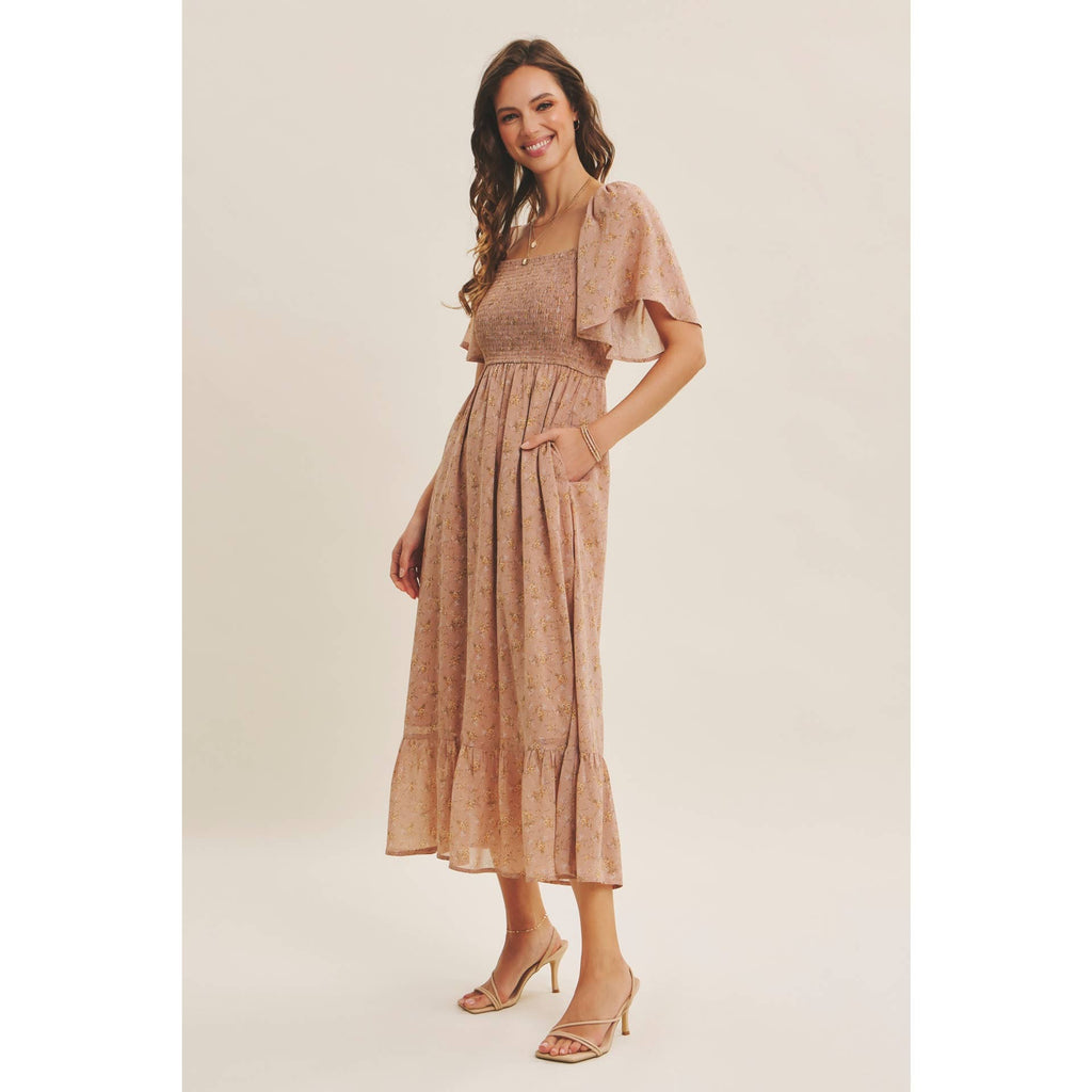 Ariana Square Neck Floral Chiffon Smocked Midi Dress