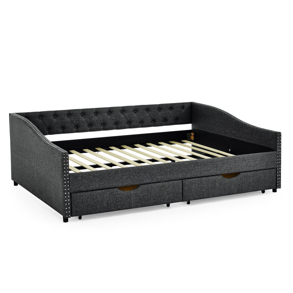 Upholstered Tufted Daybed With 2 Drawers, Waved Arms