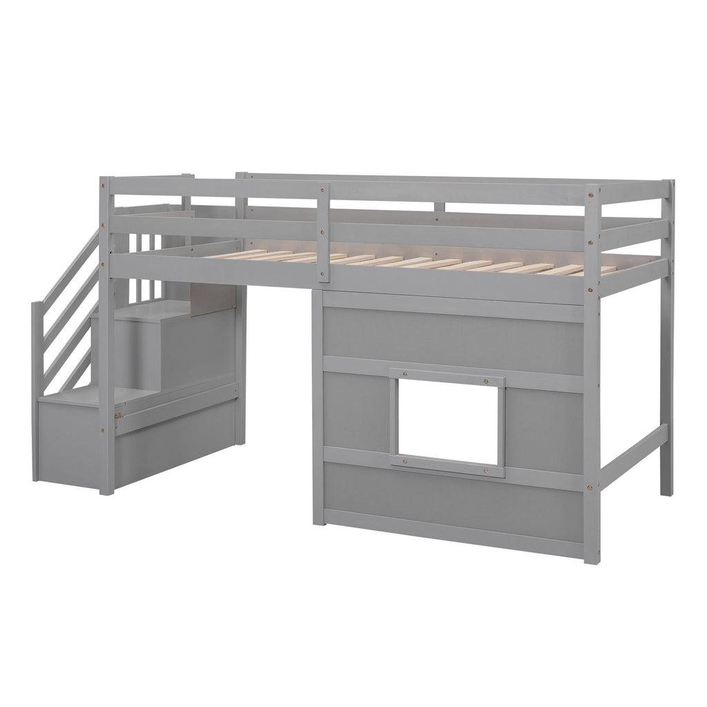 Loft Bed With Storage Staircase, Window & LED Light