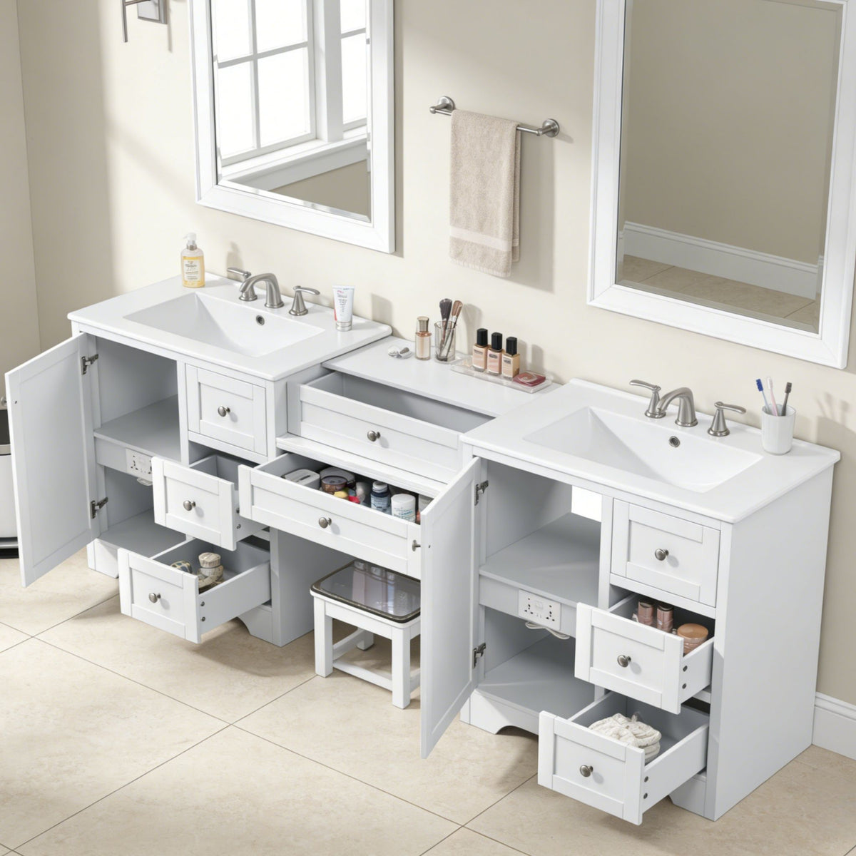 Double Sink Bathroom Vanity With Countertop, 2 Ceramic Sinks, 6 Drawers