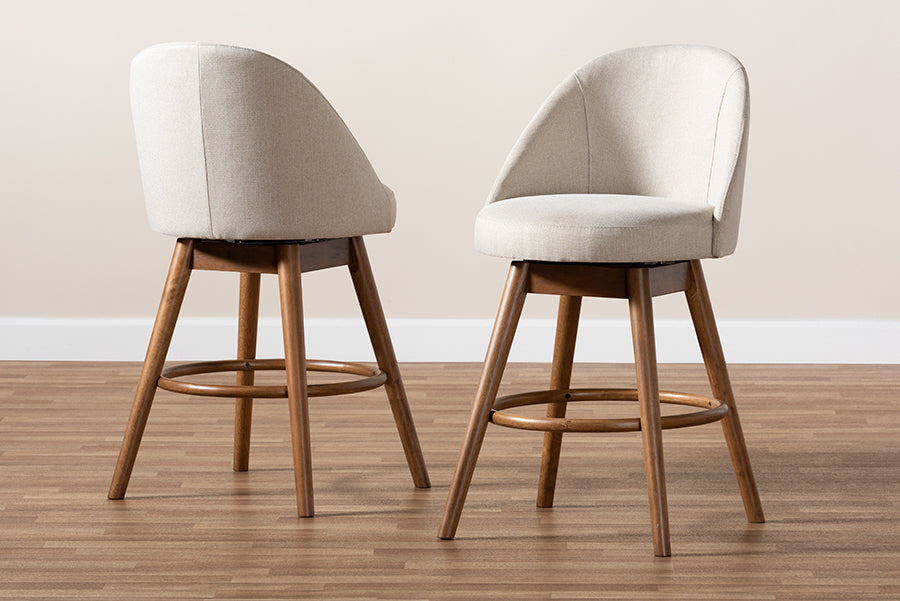 Baxton Studio Carra Mid-Century Modern Light Beige Fabric Upholstered Walnut-Finished Wood Swivel Counter Stool Set of 2
