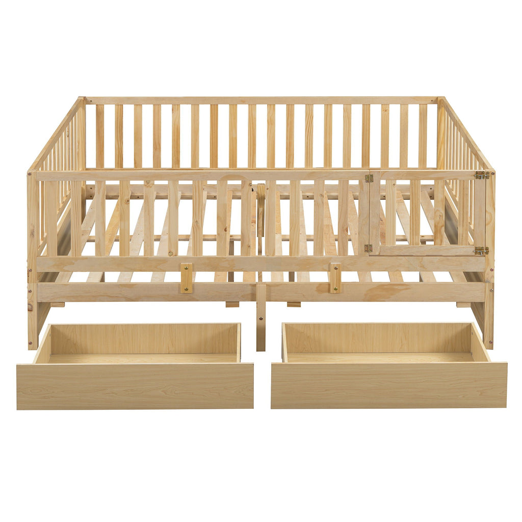 Daybed With Fence Guardrails And 2 Drawers, Split Into Independent Floor Bed & Daybed