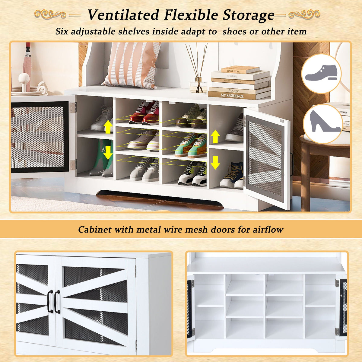 Entryway Bench With Coat Rack, 3 In 1 Design And Adjustable Shelves