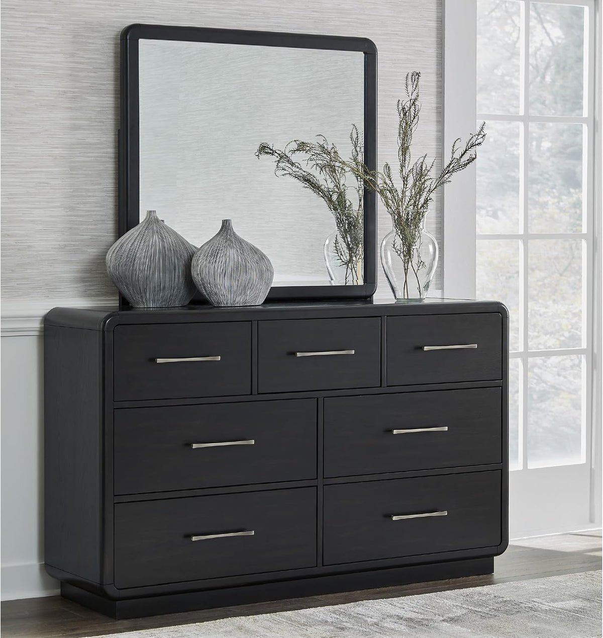 Signature Design by Ashley Rowanbeck Contemporary 7-Drawer Dresser and Mirror with Felt Lined Top, Black