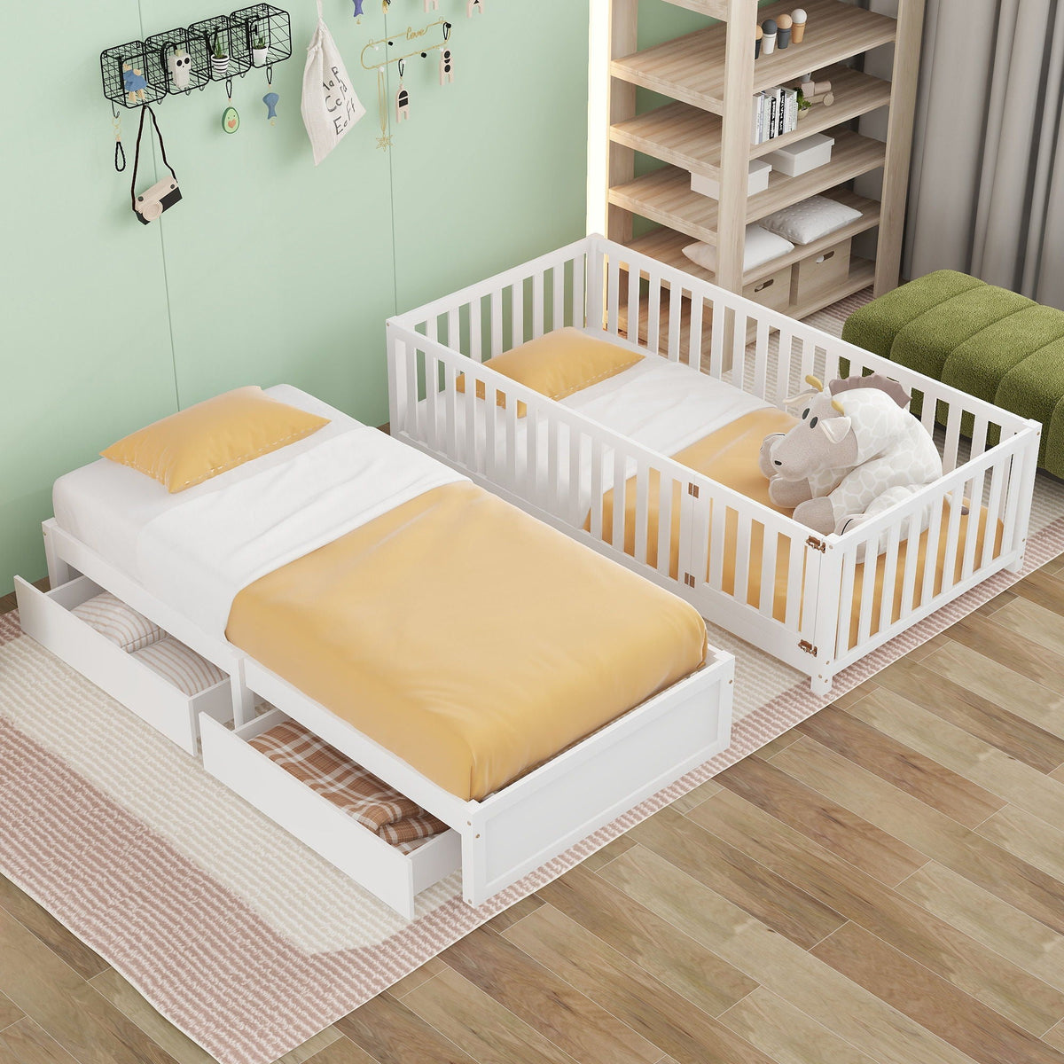 Daybed With Fence Guardrails And 2 Drawers, Split Into Independent Floor Bed & Daybed