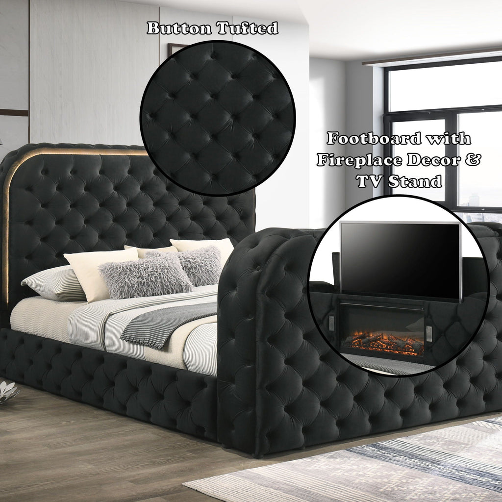 Kana - Eastern King Bed With LED, Fireplace & TV Stand - Black