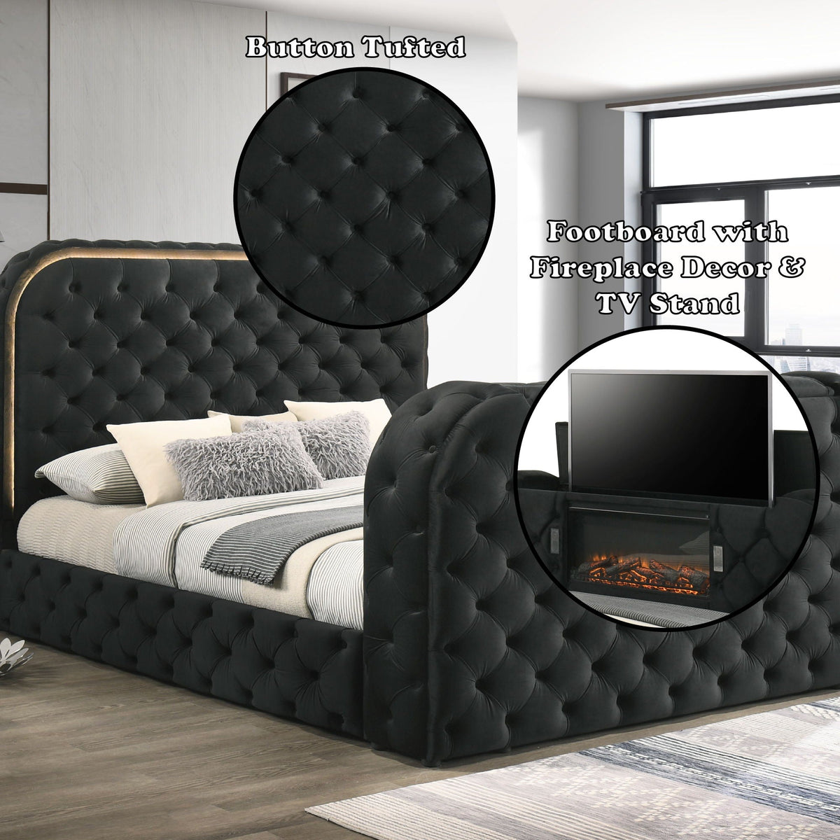 Kana - Eastern King Bed With LED, Fireplace & TV Stand - Black