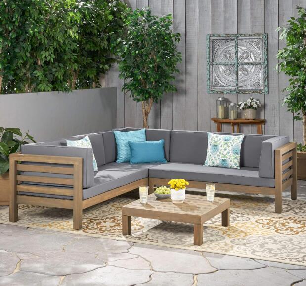 Oana Outdoor Wooden Sectional Set with Cushions, Dark Grey