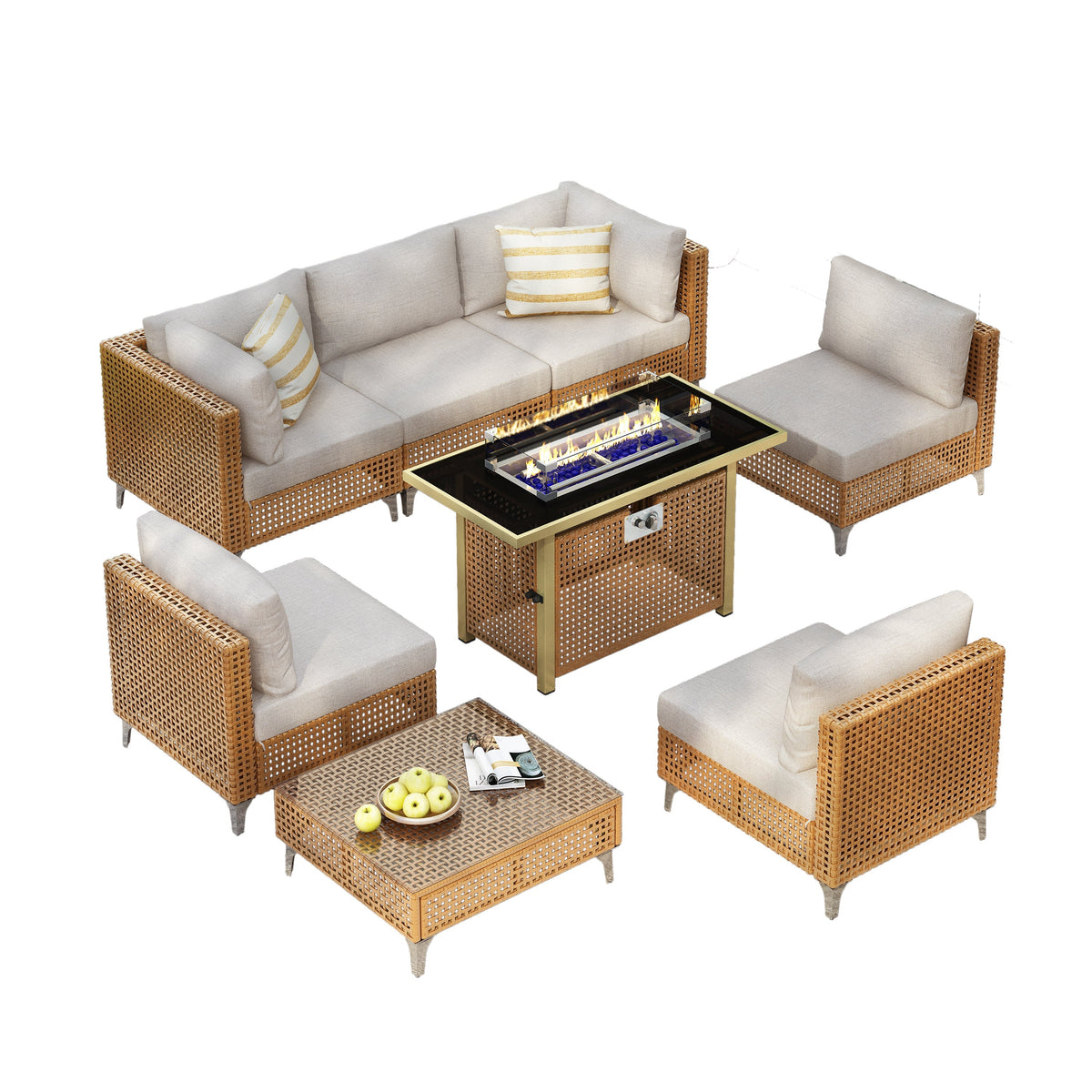 K&K 8-Piece Patio Furniture Set with Fire Pit Table