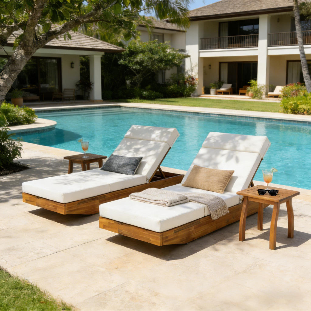 Modern Acacia Wood Outdoor Chaise Lounge