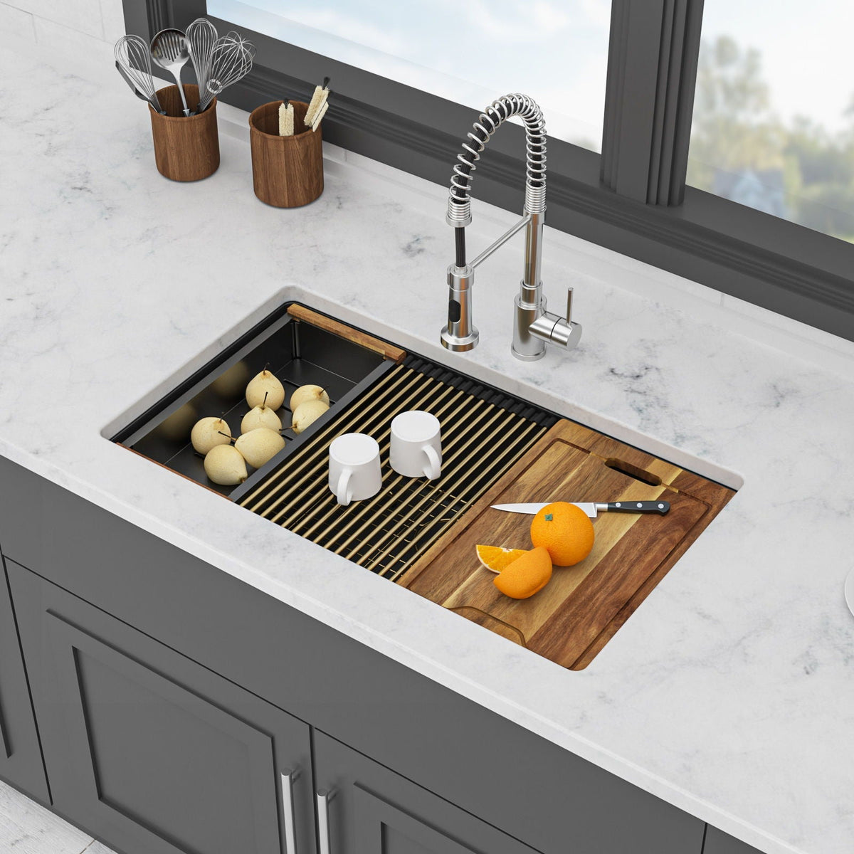 Quartz Composite Kitchen Sink With Undermount Design, Durable Single Bowl Workstation