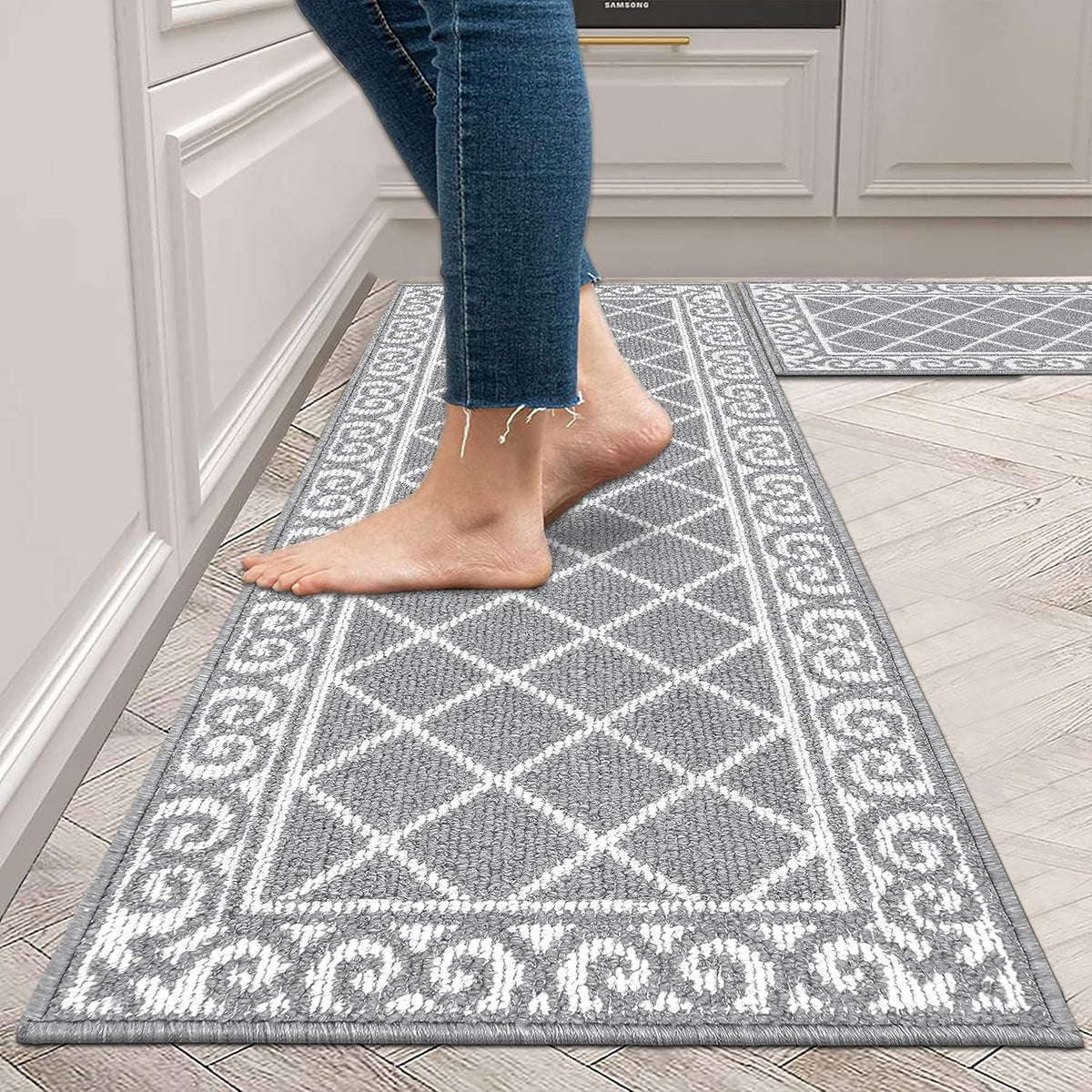 Kitchen Rug Sets 2 Piece with Runner Non Slip Kitchen Rugs and Mats Washable Kitchen Mats Set for Floor Kitchen Carpet Rug Runner for Hallway Entryway Kitchen Laundry