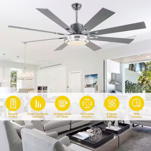 Open Box BellaDepot Areo72 in. Indoor Modern Chrome Large Ceiling Fan with LED Light and Remote, Reversible 6- Speed Fan Light for Living Room