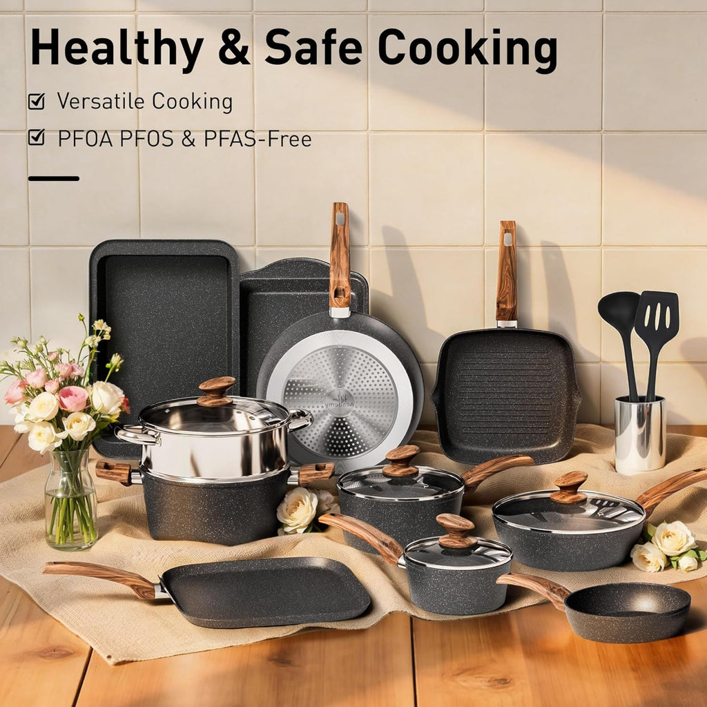 17 Piece Pots and Pans Set Non Stick, Nonstick Induction Granite Kitchen Cookware Set, Non Toxic Cookware Set with Frying Pans and Saucepan, Cooking Sets Pots and Pans, Black